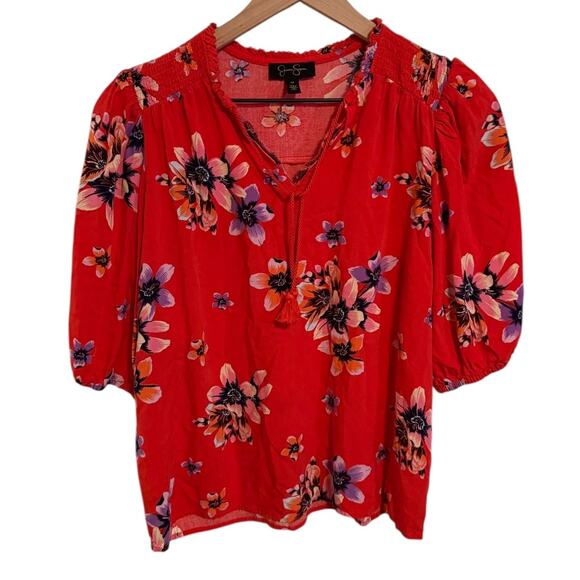 JESSICA SIMPSON Red Floral Puff Sleeve Blouse SZ MEDIUM - Picture 1 of 8